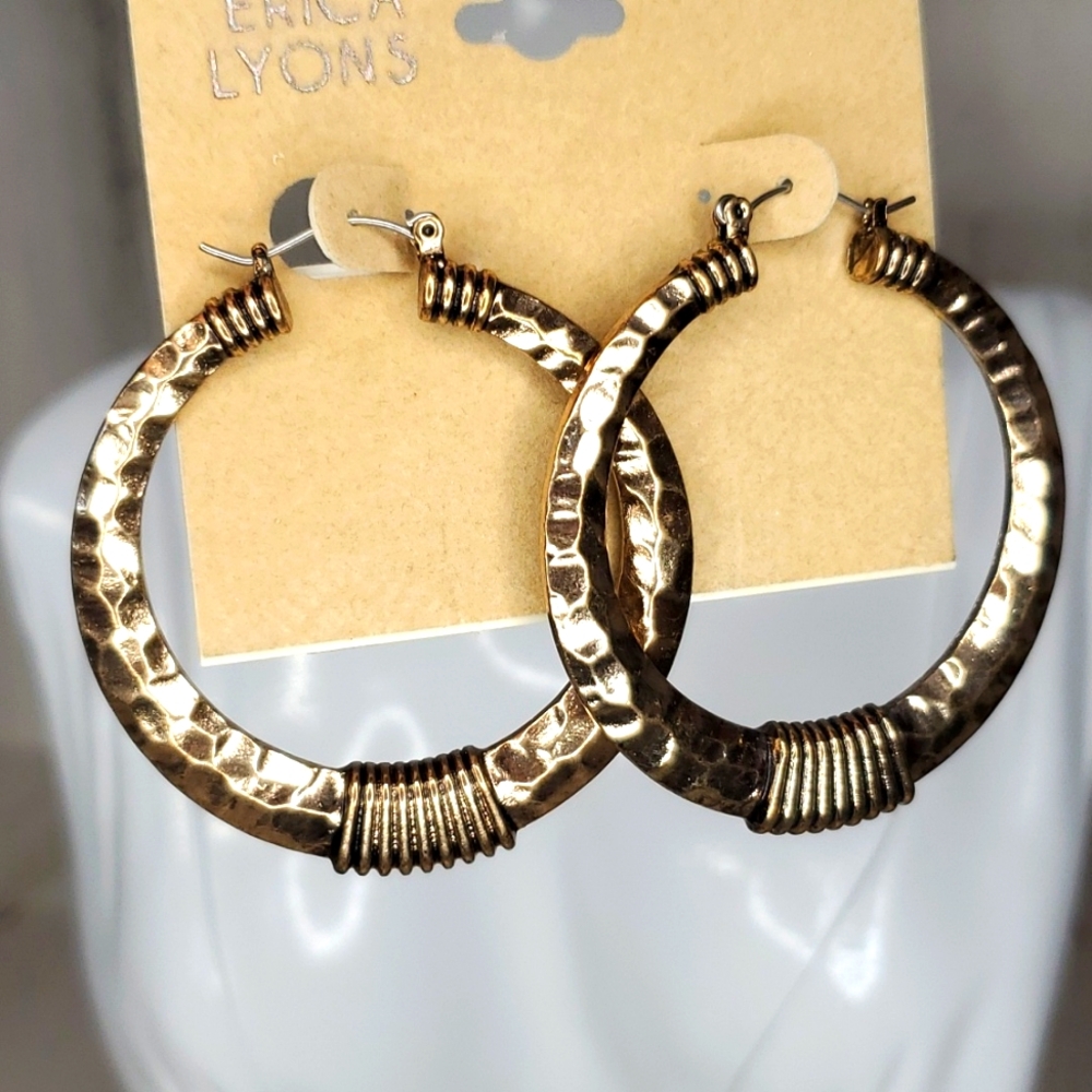 Erica Lyons Hammered Brass Hoop Earrings NWT!
